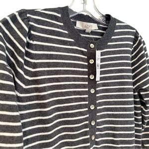 Loft Scalloped Henley Striped Sweater‎ Women's Small Gray Preppy Classic Career